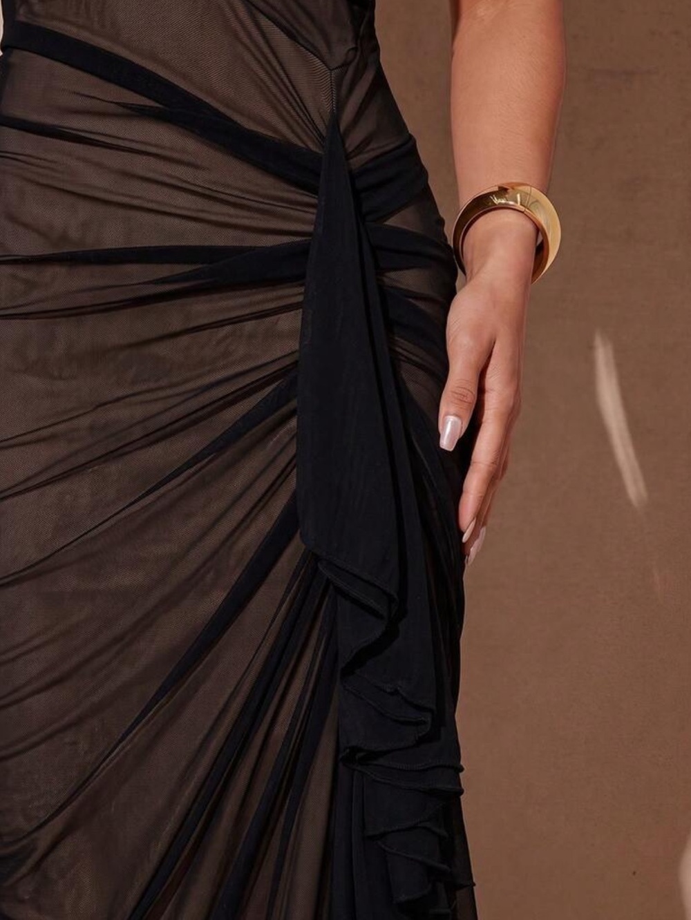 Black Ruched Sheath Dress with Side Ruffle - Picture 6 of 7